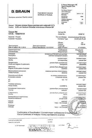 Сертификат Натрия хлорид раствор 0,9% конт.п/проп.250 мл 1 шт