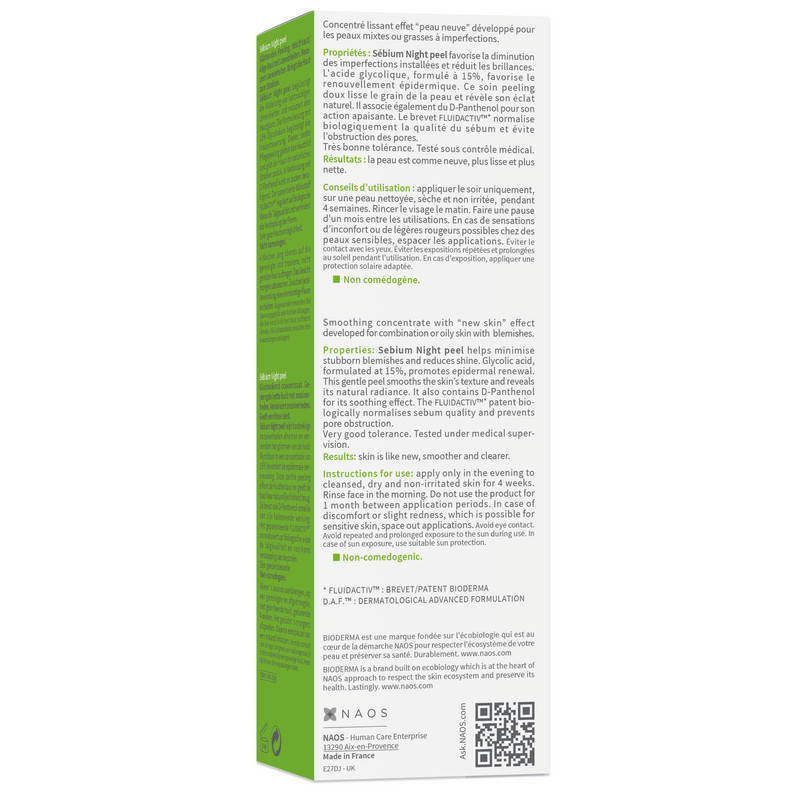 Bioderma Sebium Night peel Гель пилинг ночной с 15% гликолевой кислоты для проблемной кожи 40 мл