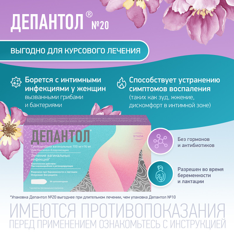 Депантол 100 мг+16 мг суппозитории вагинальные 20 шт