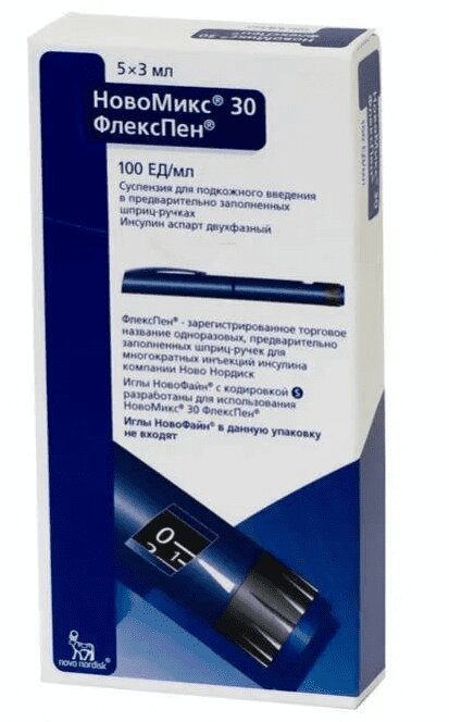 НовоМикс 30 ФлексПен шприц-ручки 100 МЕ/мл 3 мл , 5 шт. Ново Нордиск .